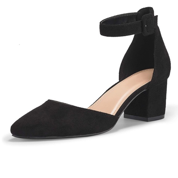 Women’s Pointed Toe Pumps Ankle Strap Buckle Chunky‎ Block Heel - Picture 1 of 8